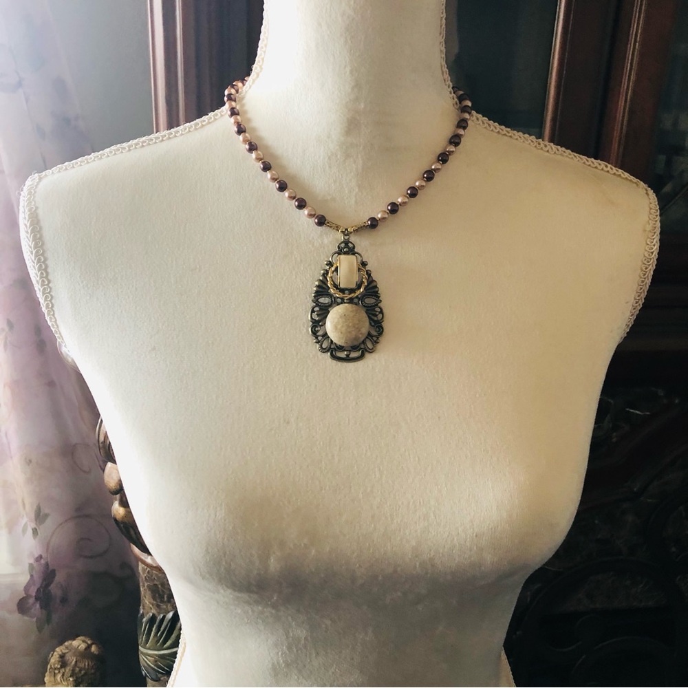 Handcrafted repurpose filigree pendant Czech Pearl necklace - Picture 6 of 11